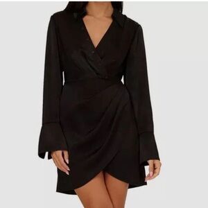Adrianna Papell mini faux satin wrap dress Black Long Sleeve Dress